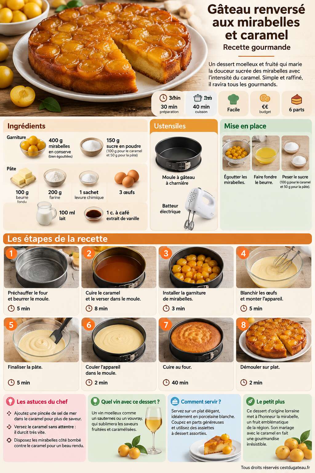 Fiche recette Gâteau renversé aux mirabelles et caramel : recette gourmande Fiche recette Gâteau renversé aux mirabelles et caramel : recette gourmande
