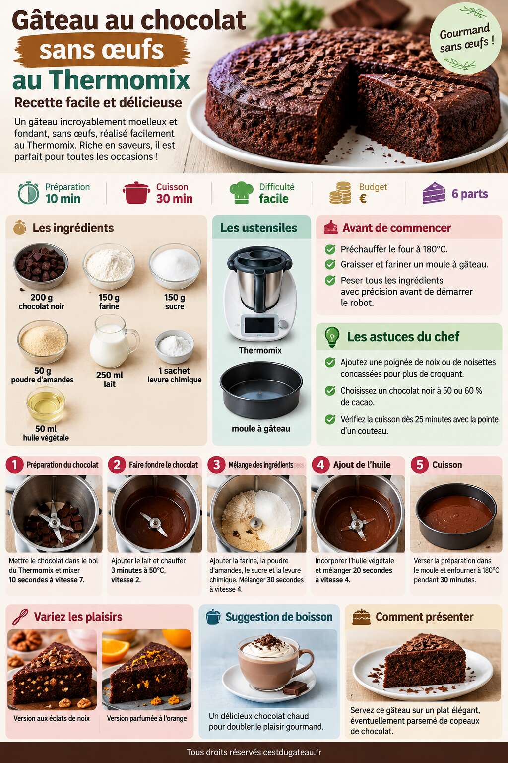 Fiche recette Gâteau au chocolat sans œufs au Thermomix : recette facile et délicieuse Fiche recette Gâteau au chocolat sans œufs au Thermomix : recette facile et délicieuse