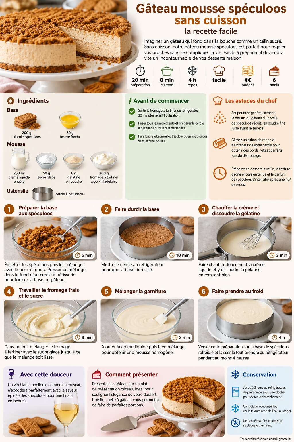 Fiche recette Gâteau mousse spéculoos sans cuisson : la recette facile Fiche recette Gâteau mousse spéculoos sans cuisson : la recette facile