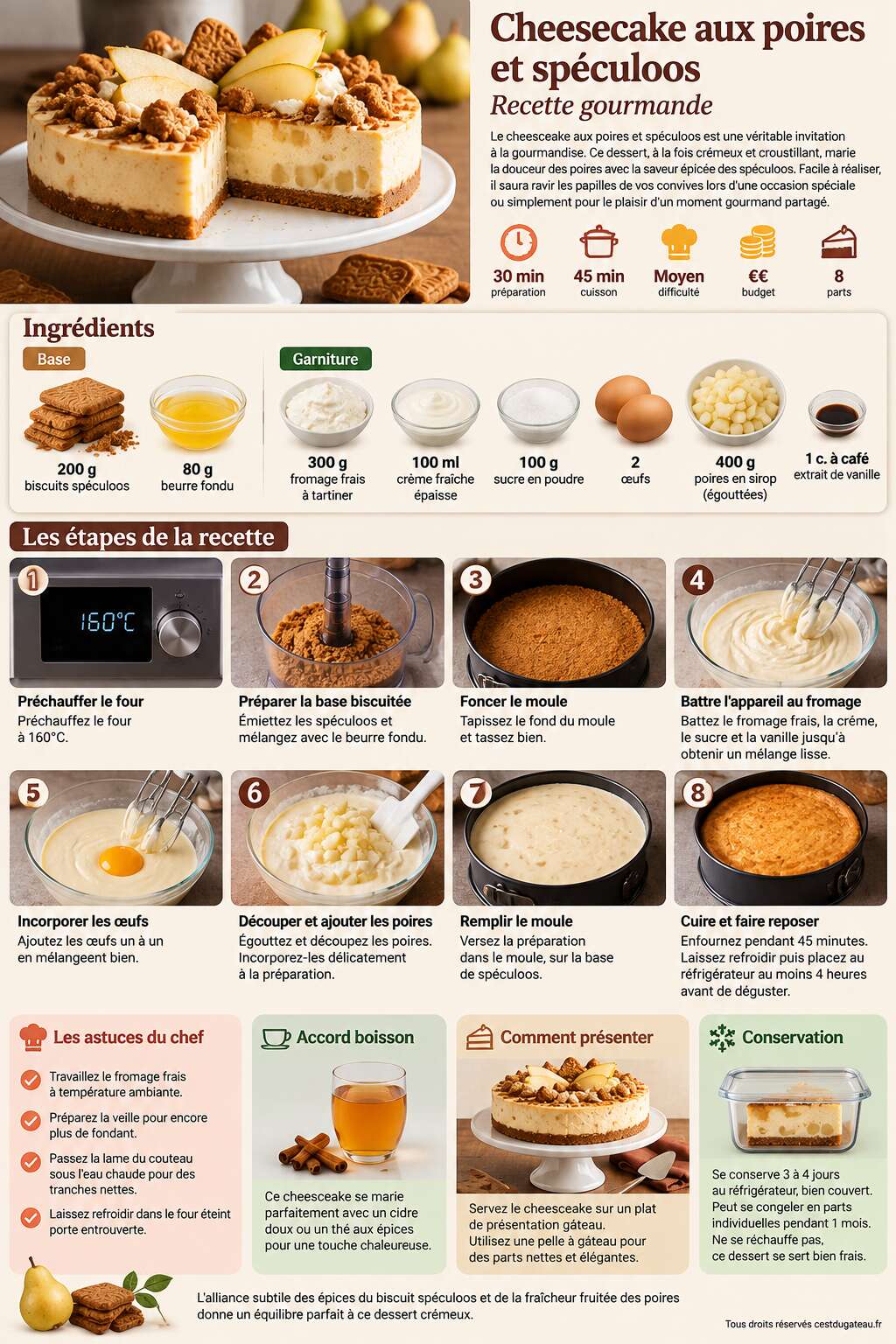 Fiche recette Cheesecake aux poires et spéculoos : recette gourmande Fiche recette Cheesecake aux poires et spéculoos : recette gourmande