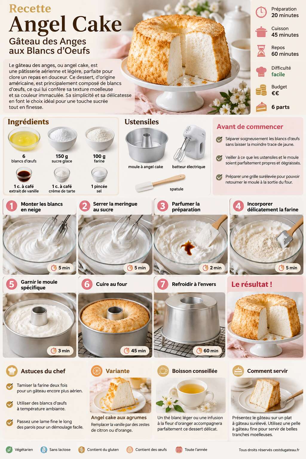 Fiche recette Recette Angel Cake : gâteau des Anges aux Blancs d'Oeufs Fiche recette Recette Angel Cake : gâteau des Anges aux Blancs d'Oeufs