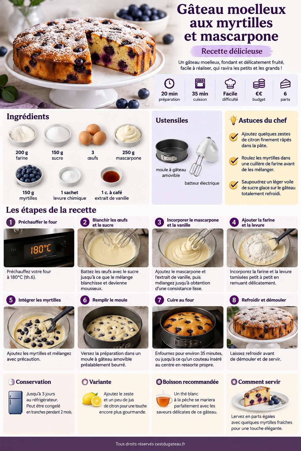 Fiche recette Gâteau moelleux aux myrtilles et mascarpone : recette délicieuse Fiche recette Gâteau moelleux aux myrtilles et mascarpone : recette délicieuse