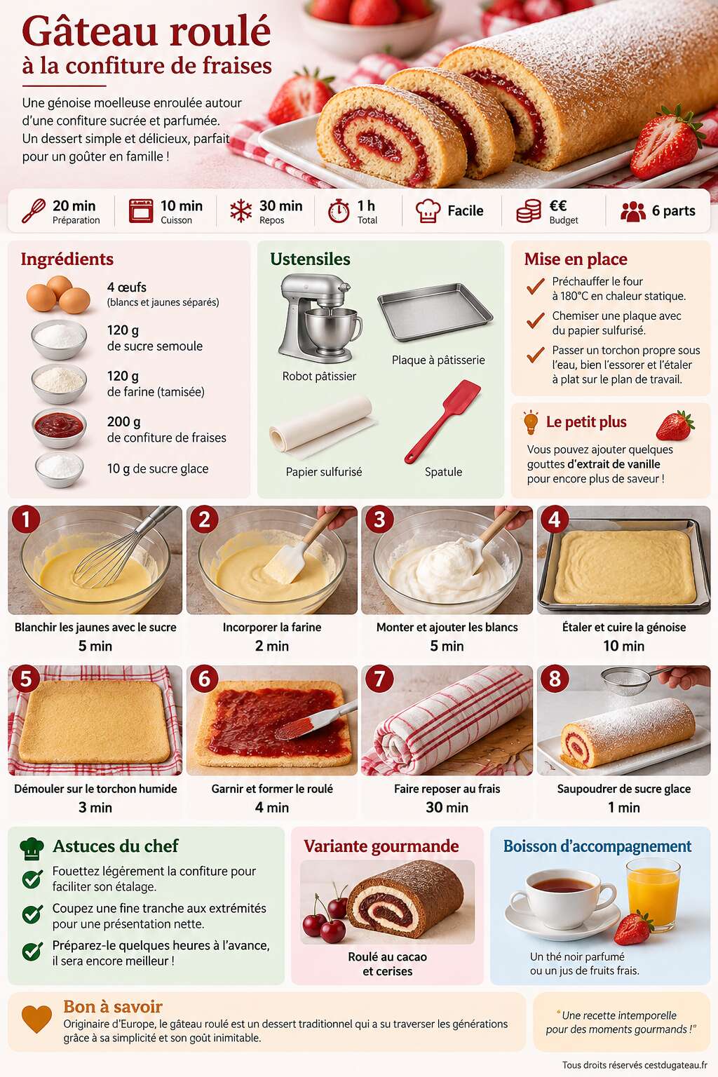 Fiche recette Recette de gâteau roulé à la confiture de fraises Fiche recette Recette de gâteau roulé à la confiture de fraises
