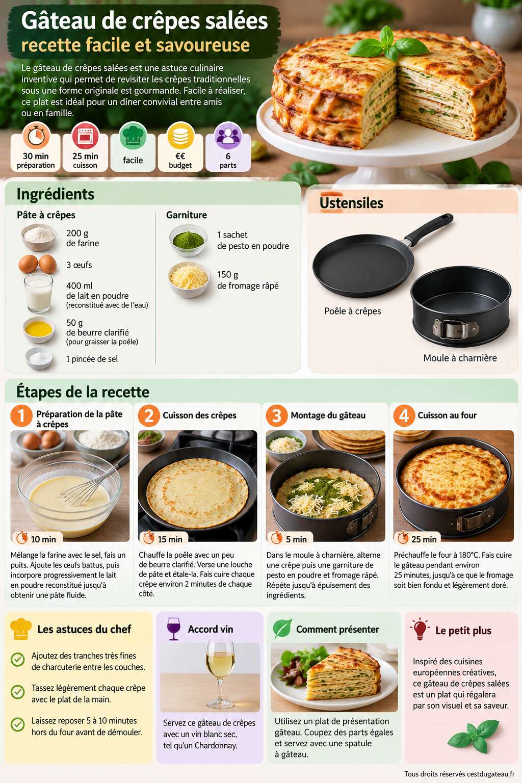 Fiche recette G&acirc;teau de cr&ecirc;pes sal&eacute;es : recette facile et savoureuse