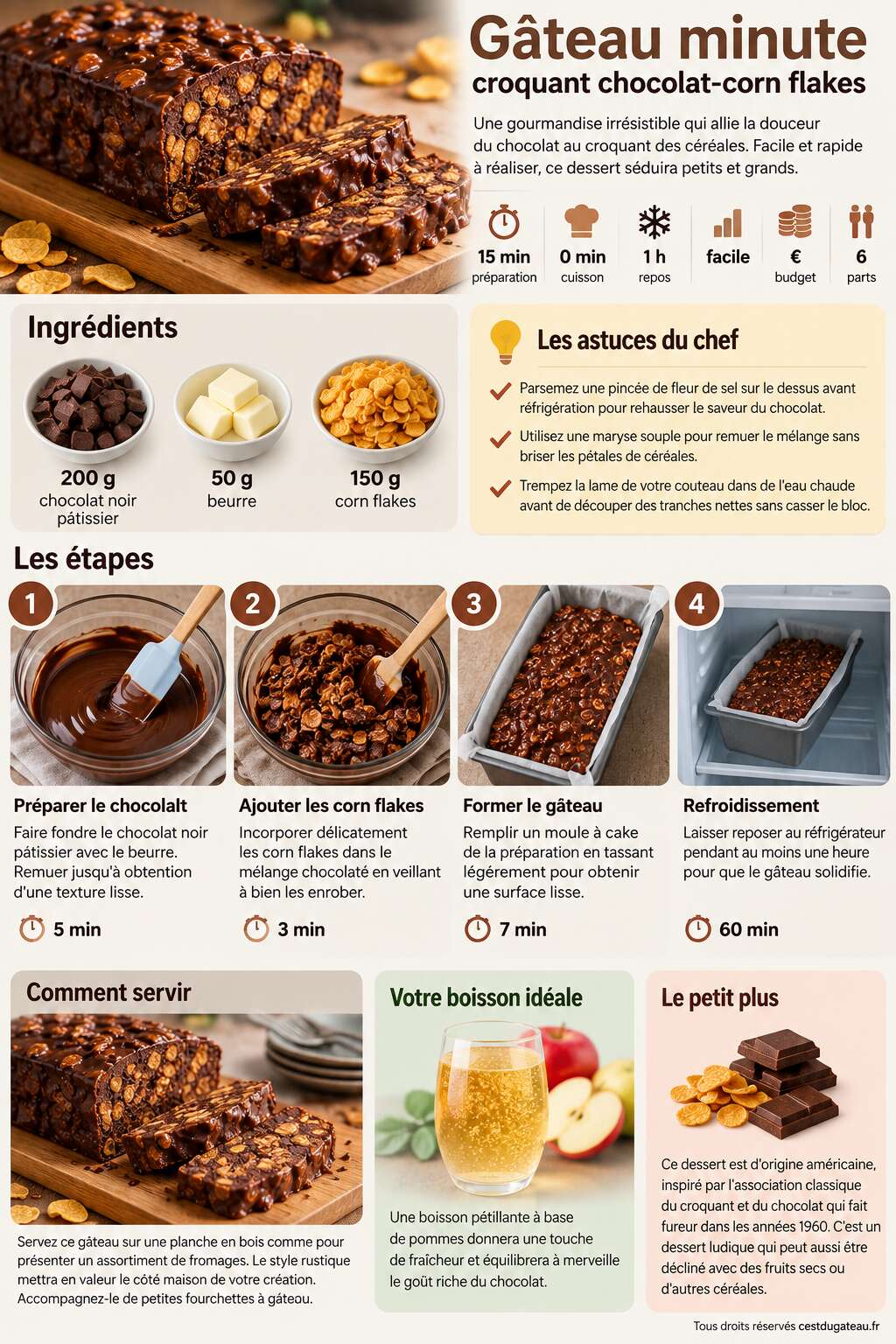Fiche recette Gâteau minute croquant chocolat-corn flakes Fiche recette Gâteau minute croquant chocolat-corn flakes