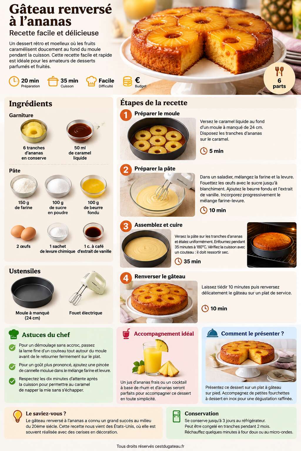 Fiche recette Gâteau renversé à l'ananas : recette facile et délicieuse Fiche recette Gâteau renversé à l'ananas : recette facile et délicieuse