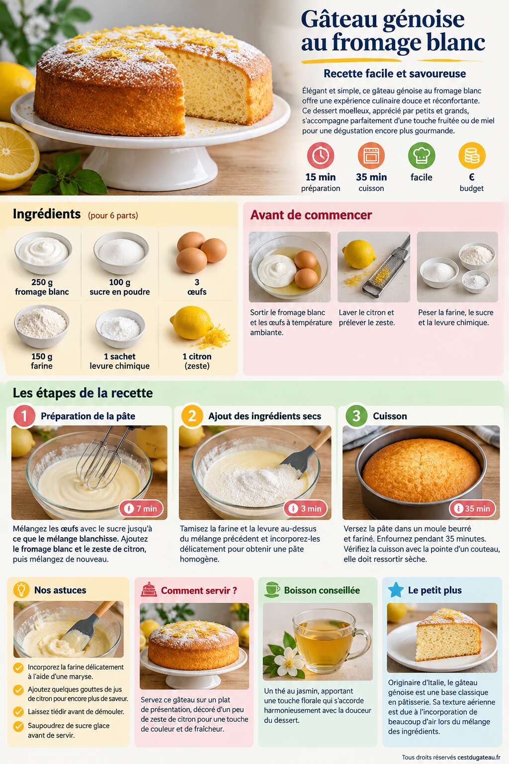 Fiche recette Gâteau génoise au fromage blanc : recette facile et savoureuse Fiche recette Gâteau génoise au fromage blanc : recette facile et savoureuse