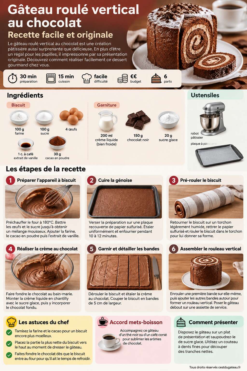 Fiche recette G&acirc;teau roul&eacute; vertical au chocolat : recette facile et originale