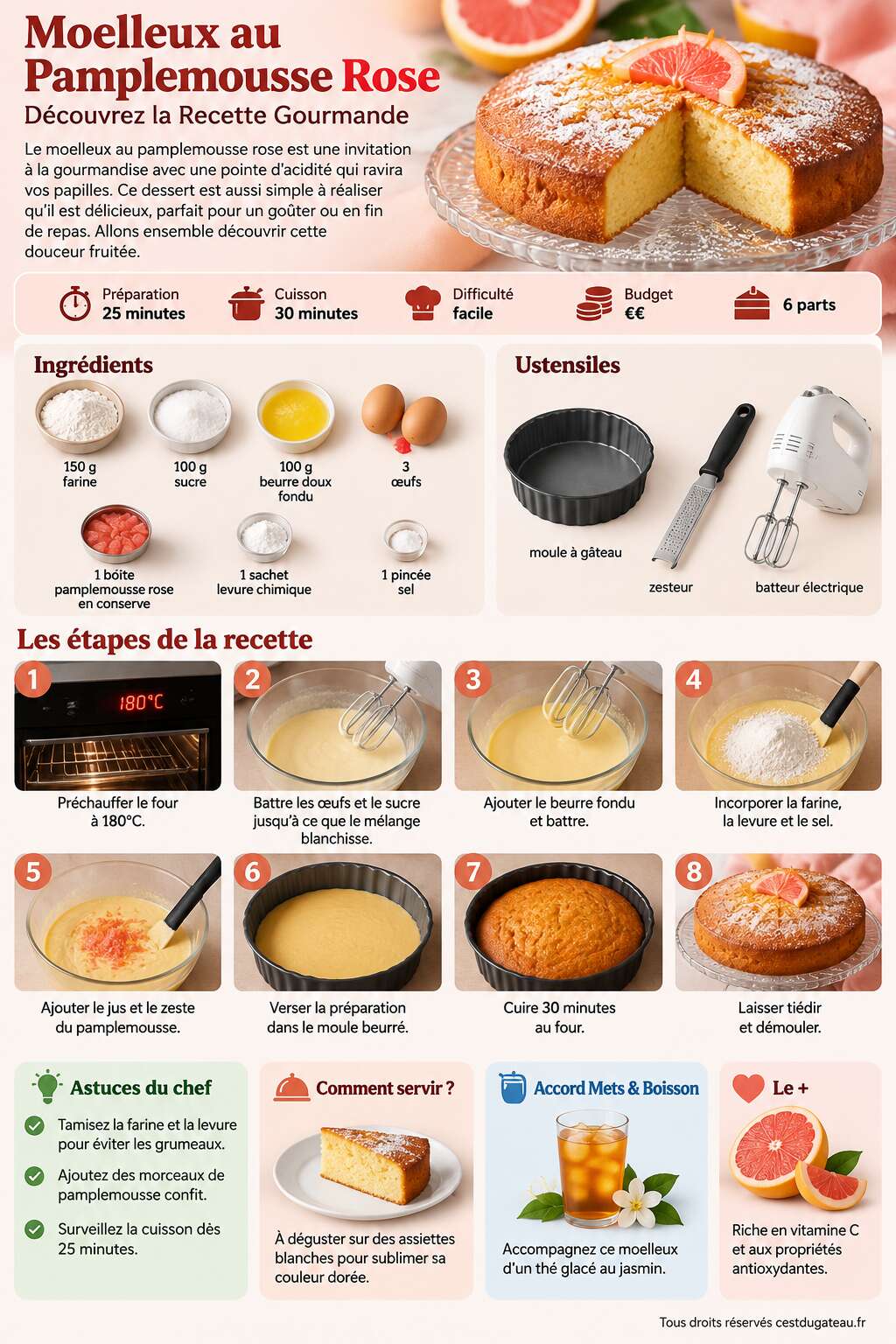 Fiche recette Moelleux au Pamplemousse Rose : d&eacute;couvrez la Recette Gourmande