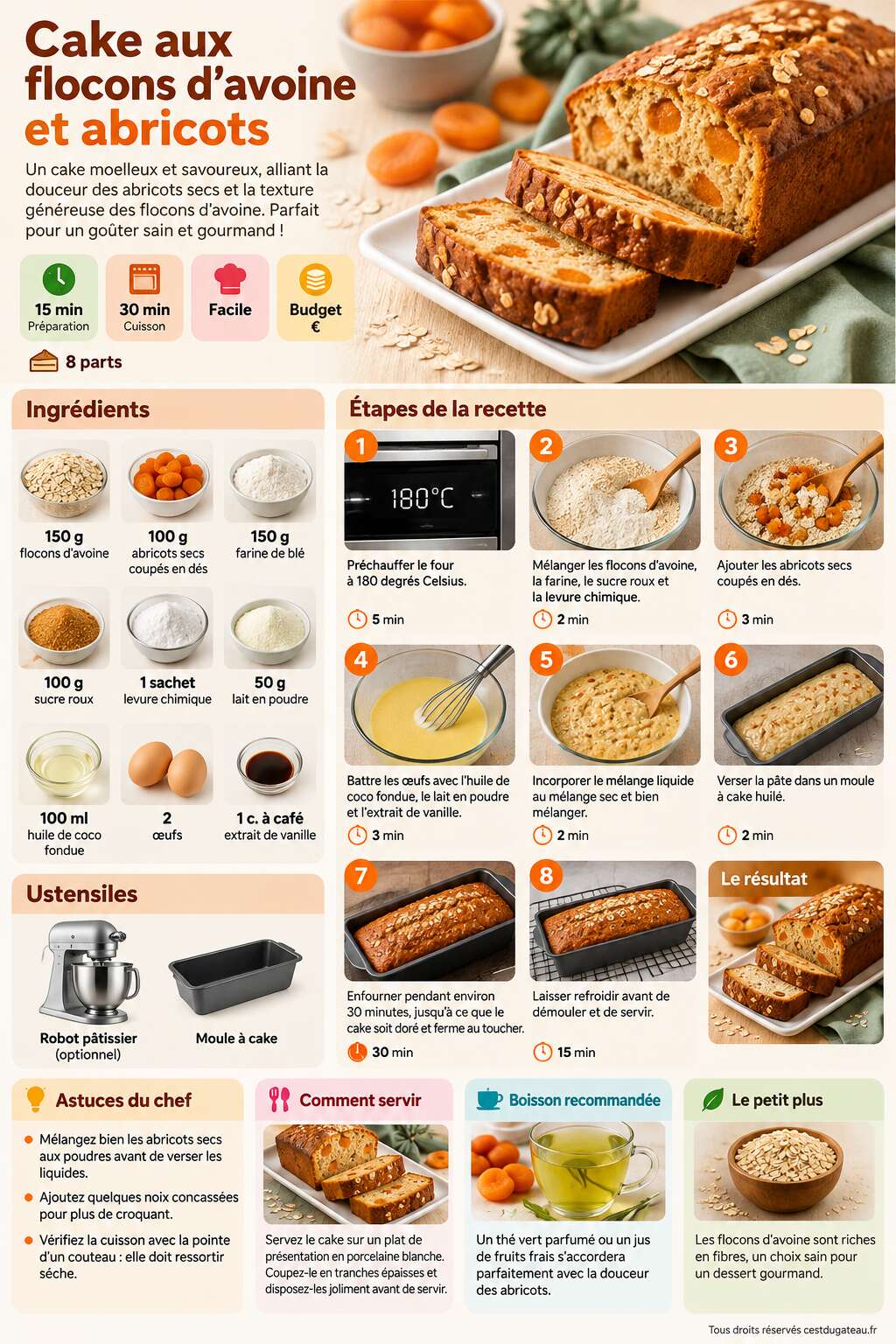 Fiche recette Recette du cake aux flocons d'avoine et abricots