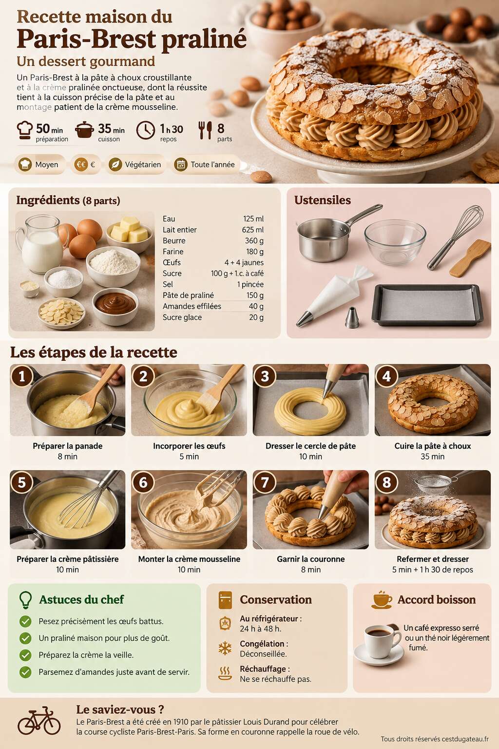 Fiche recette Recette maison du Paris-Brest praliné : un dessert gourmand Fiche recette Recette maison du Paris-Brest praliné : un dessert gourmand
