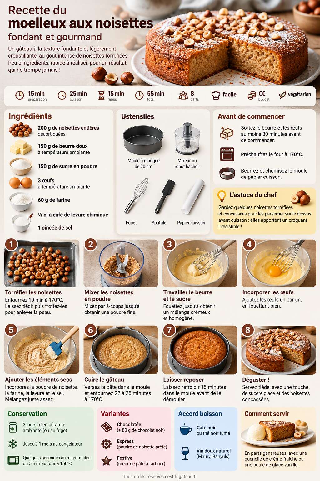 Fiche recette Recette du moelleux aux noisettes fondant et gourmand