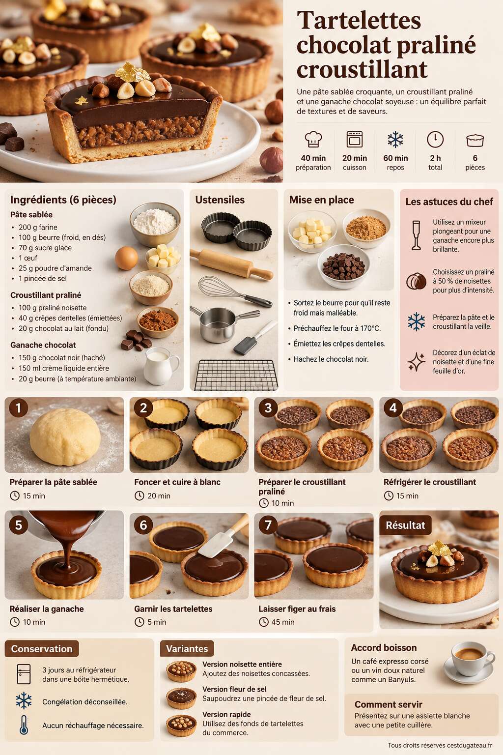 Fiche recette Recette de tartelettes chocolat praliné croustillant Fiche recette Recette de tartelettes chocolat praliné croustillant