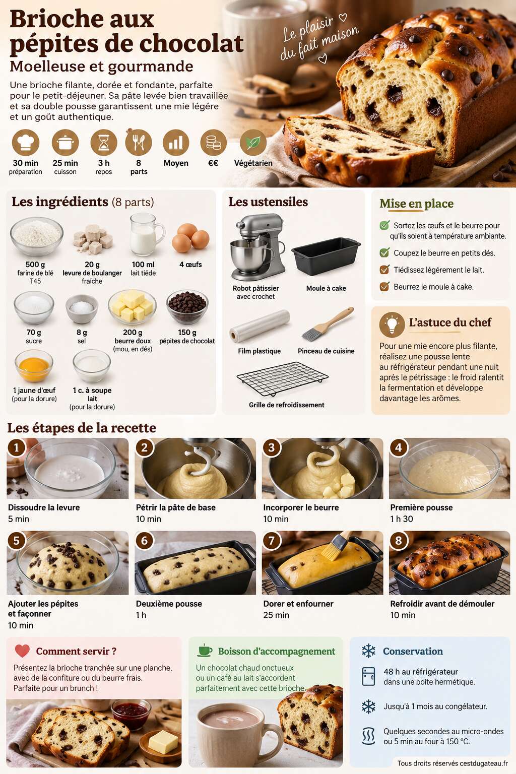 Fiche recette Recette de brioche aux pépites de chocolat moelleuse et gourmande Fiche recette Recette de brioche aux pépites de chocolat moelleuse et gourmande