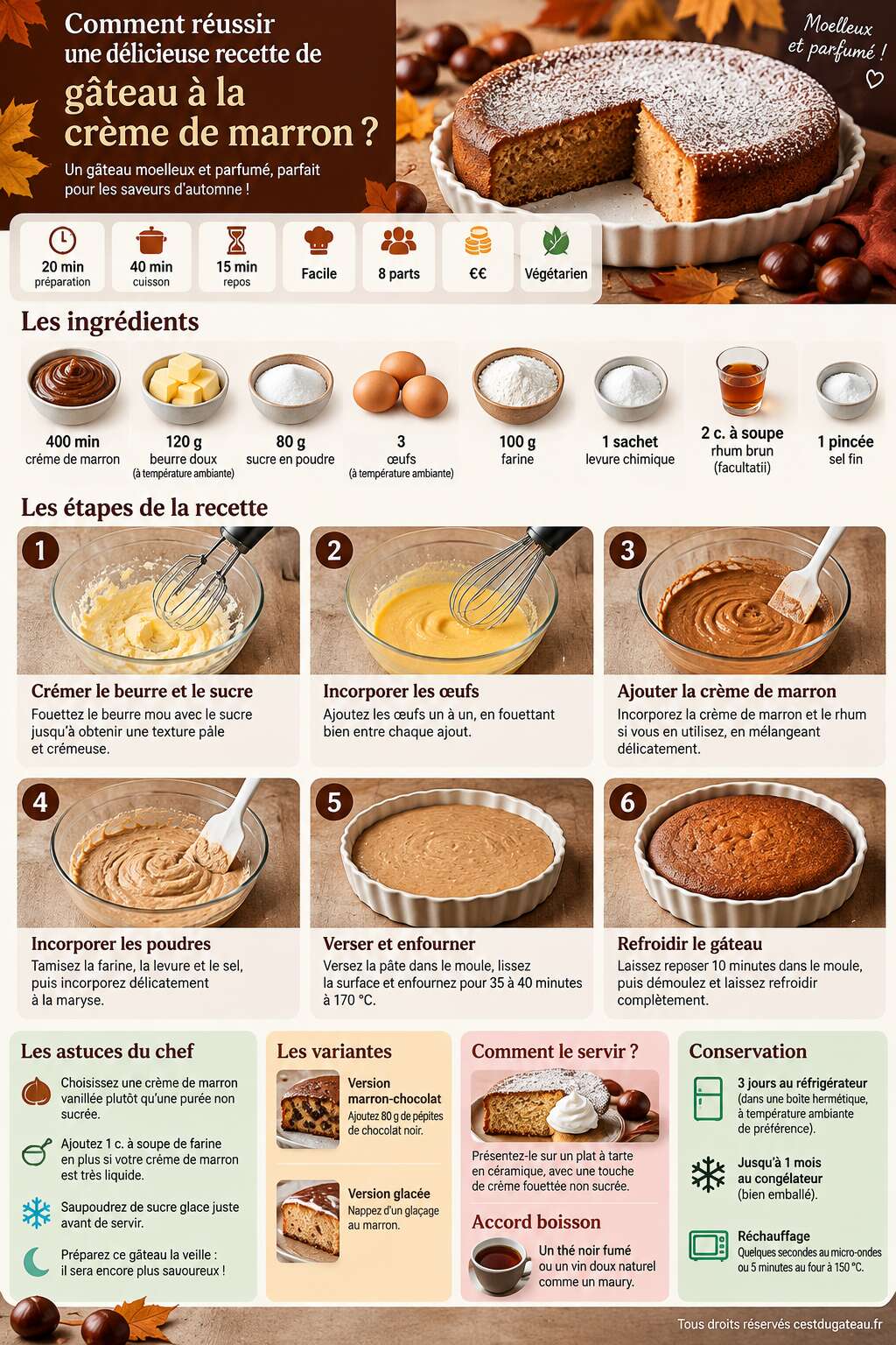 Fiche recette Comment réussir une délicieuse recette de gâteau à la crème de marron ? Fiche recette Comment réussir une délicieuse recette de gâteau à la crème de marron ?