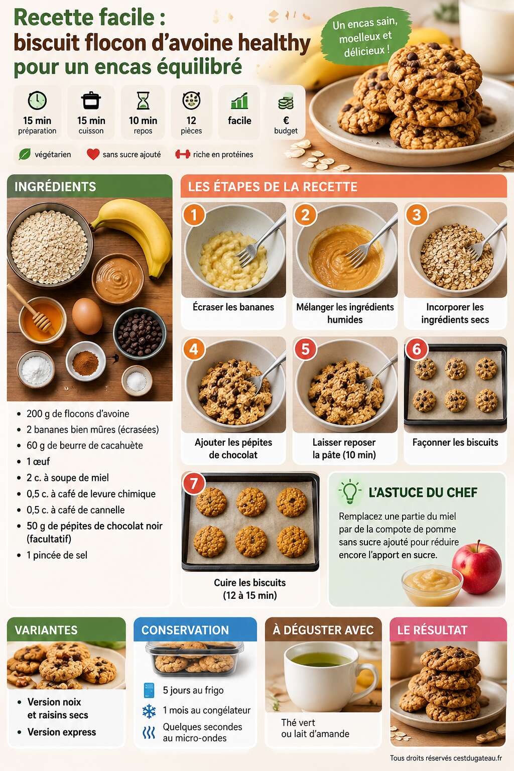 Fiche recette Recette facile : biscuit flocon d'avoine healthy pour un encas équilibré Fiche recette Recette facile : biscuit flocon d'avoine healthy pour un encas équilibré