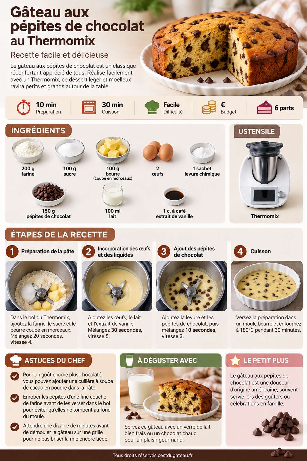 Fiche recette G&acirc;teau aux p&eacute;pites de chocolat au Thermomix : recette facile et d&eacute;licieuse