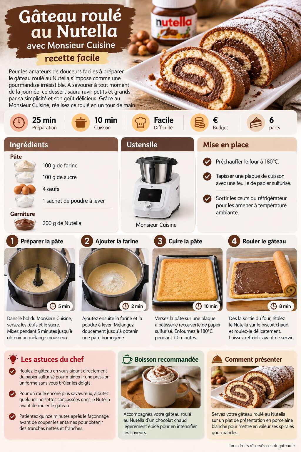 Fiche recette Gâteau roulé au Nutella avec Monsieur Cuisine : recette facile Fiche recette Gâteau roulé au Nutella avec Monsieur Cuisine : recette facile