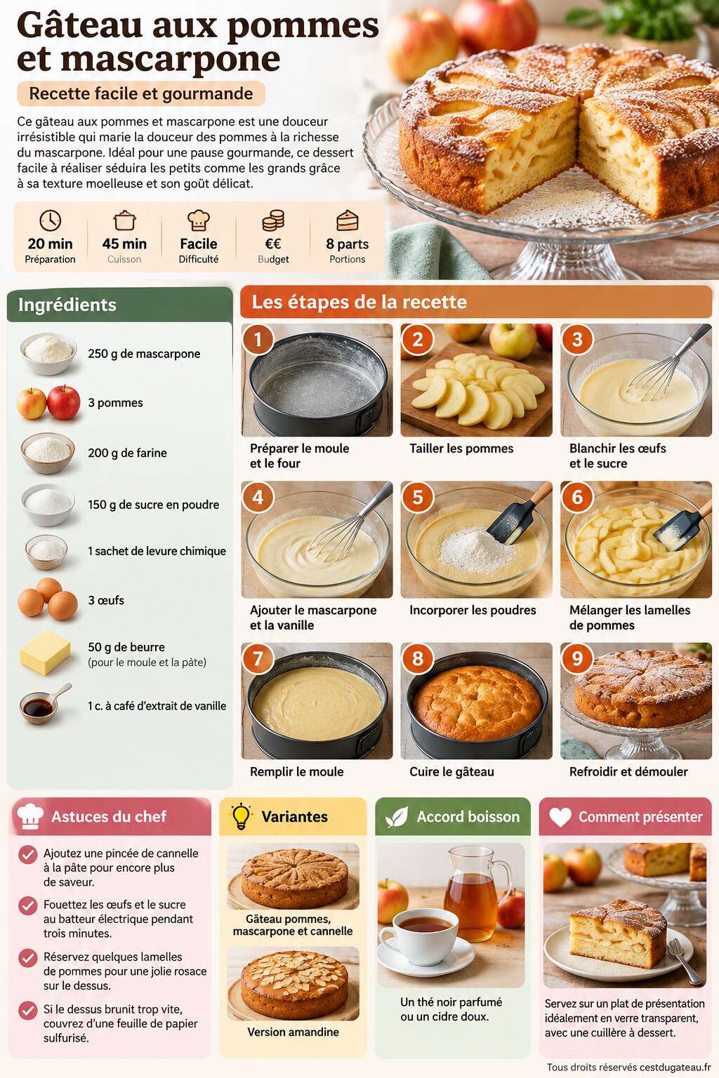 Fiche recette Gâteau aux pommes et mascarpone : recette facile et gourmande Fiche recette Gâteau aux pommes et mascarpone : recette facile et gourmande