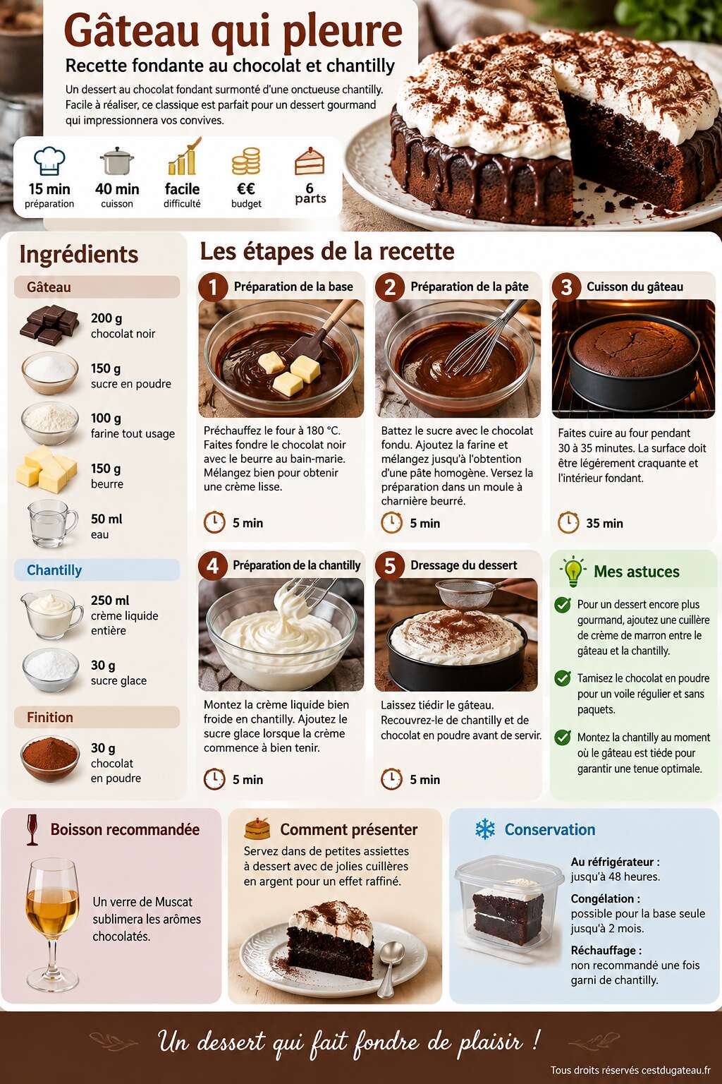 Fiche recette G&acirc;teau qui pleure : recette fondante au chocolat et chantilly