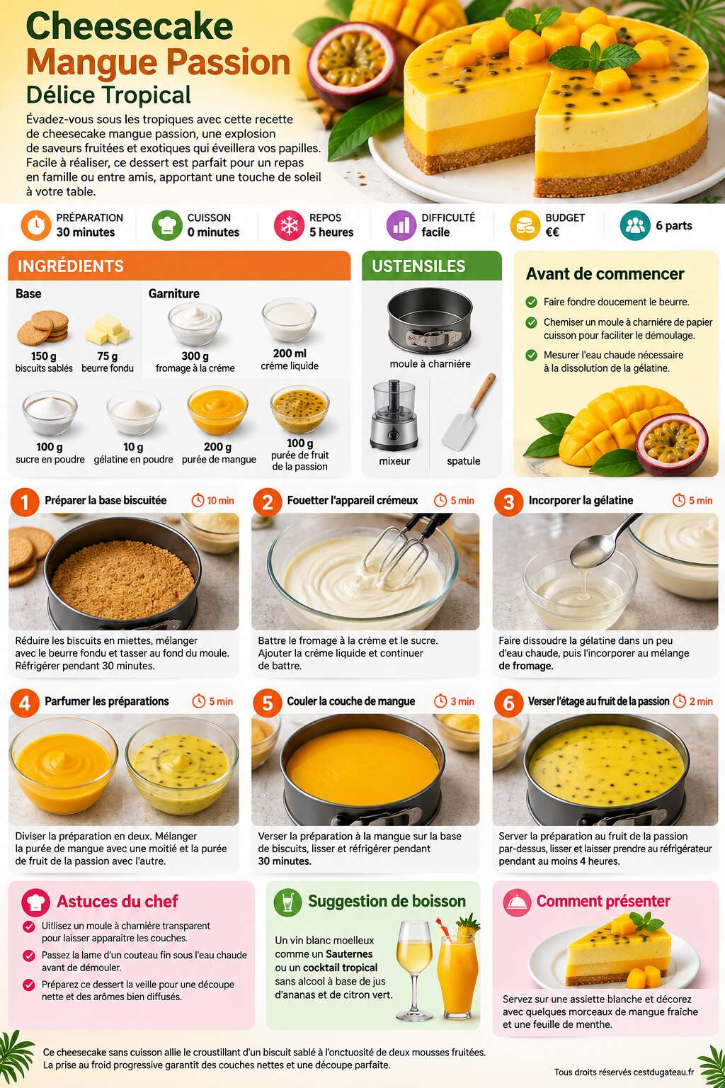 Fiche recette Recette Cheesecake Mangue Passion : délice Tropical Fiche recette Recette Cheesecake Mangue Passion : délice Tropical