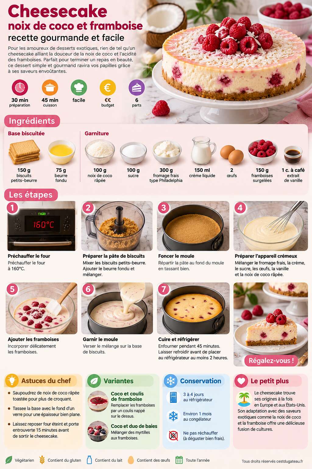 Fiche recette Cheesecake noix de coco et framboise : recette gourmande et facile Fiche recette Cheesecake noix de coco et framboise : recette gourmande et facile