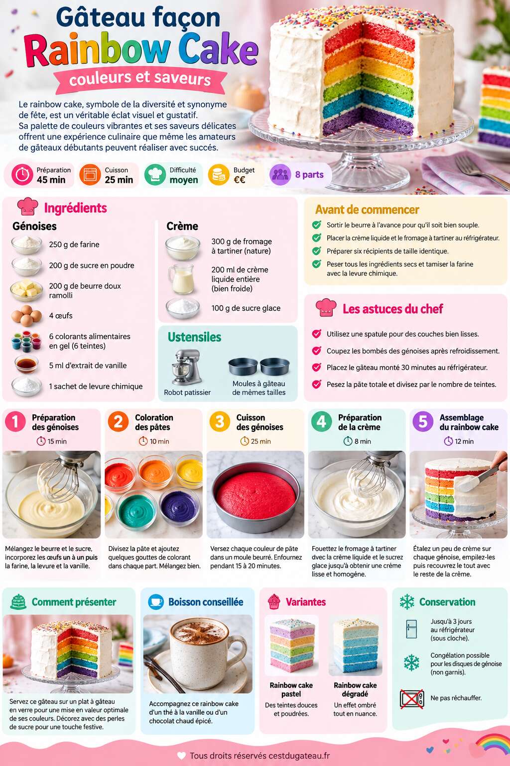 Fiche recette Recette gâteau façon Rainbow Cake : couleurs et saveurs Fiche recette Recette gâteau façon Rainbow Cake : couleurs et saveurs