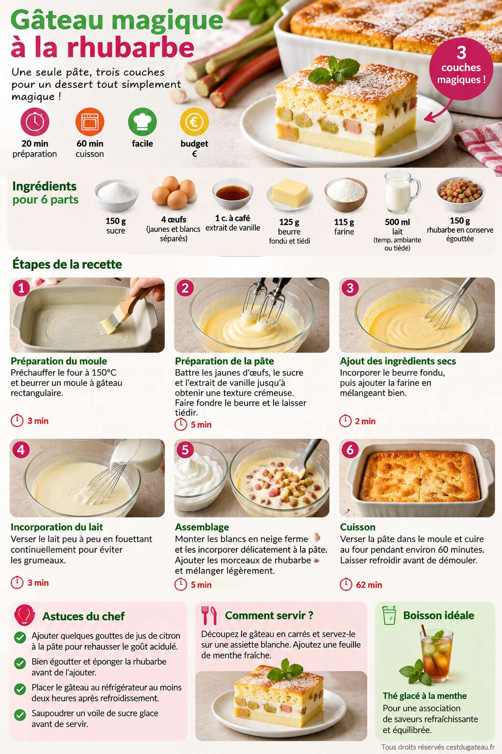 Fiche recette Gâteau magique à la rhubarbe : recette facile et délicieuse Fiche recette Gâteau magique à la rhubarbe : recette facile et délicieuse