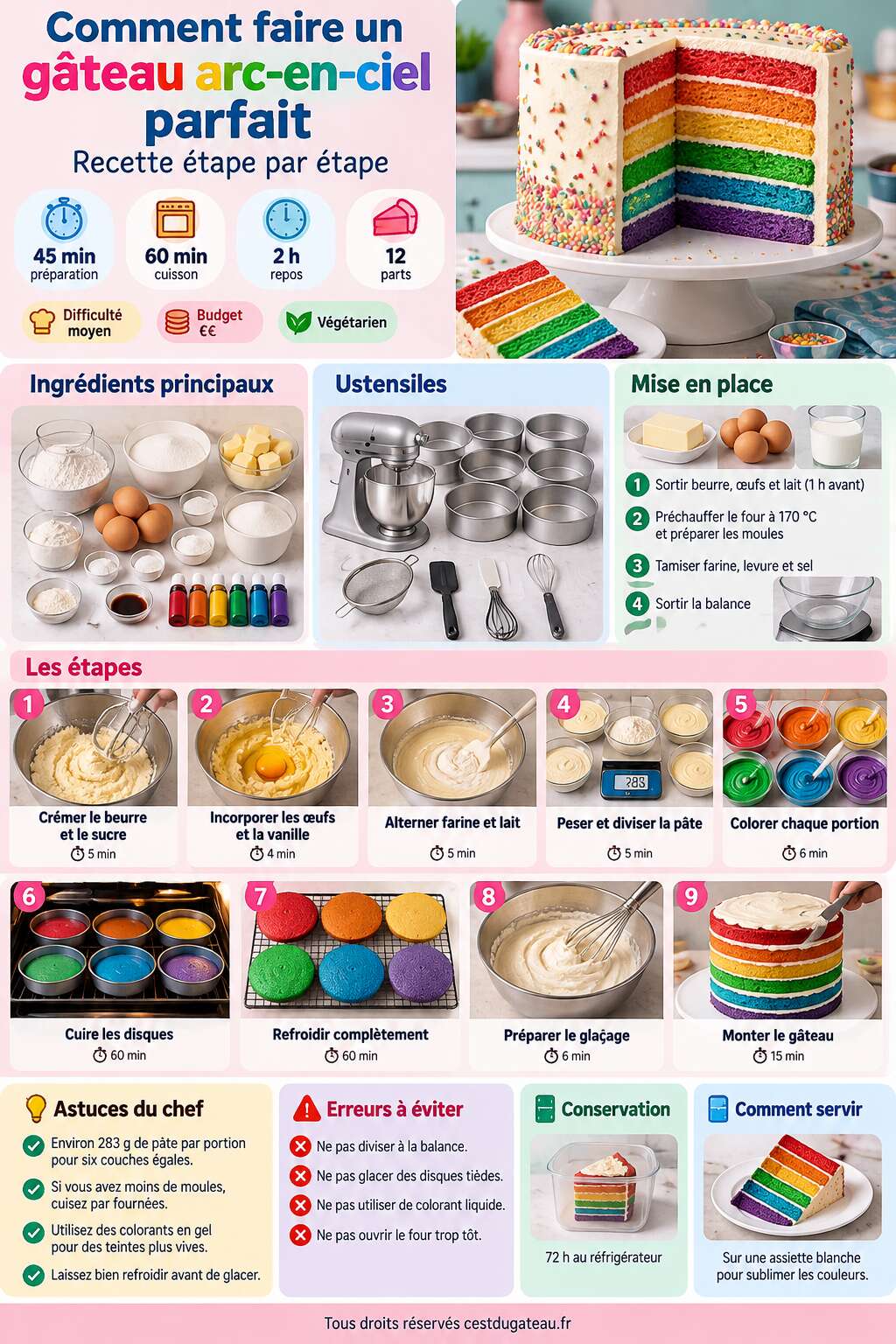 Fiche recette Comment faire un gâteau arc-en-ciel parfait : recette étape par étape Fiche recette Comment faire un gâteau arc-en-ciel parfait : recette étape par étape