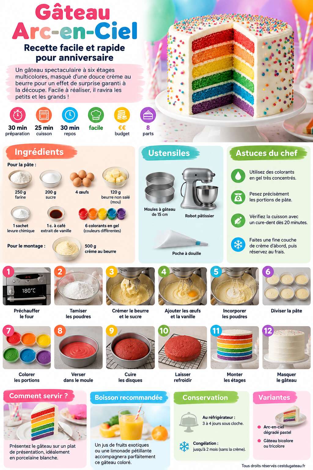 Fiche recette G&acirc;teau Arc-en-Ciel : recette Facile et Rapide pour Anniversaire