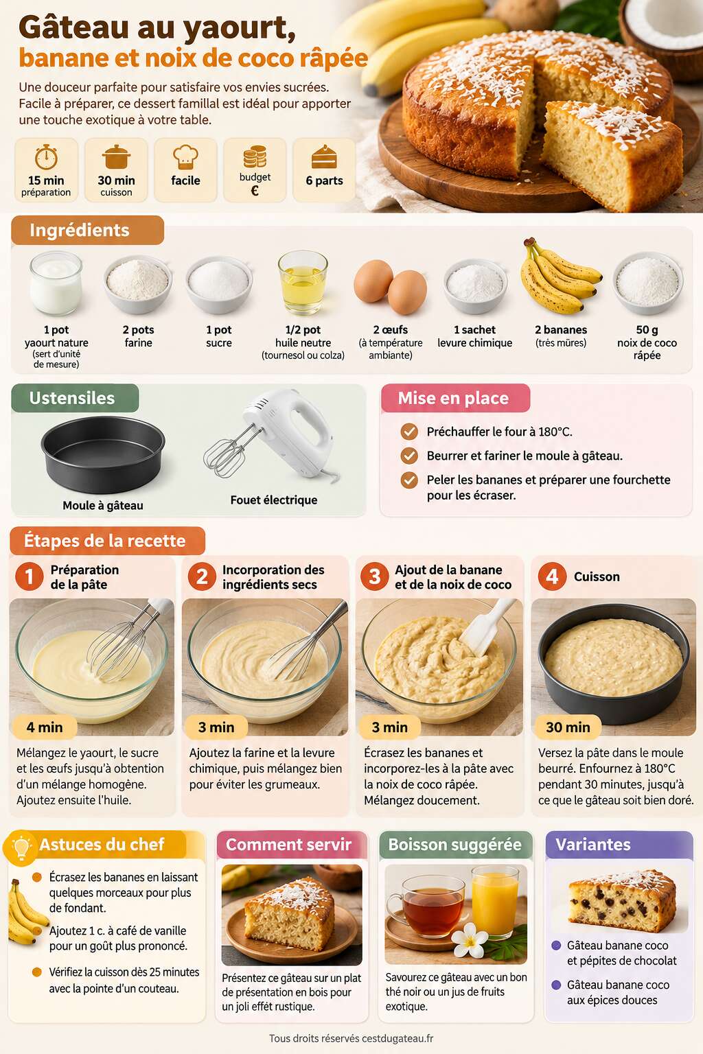 Fiche recette G&acirc;teau au yaourt, banane et noix de coco r&acirc;p&eacute;e : recette facile et gourmande