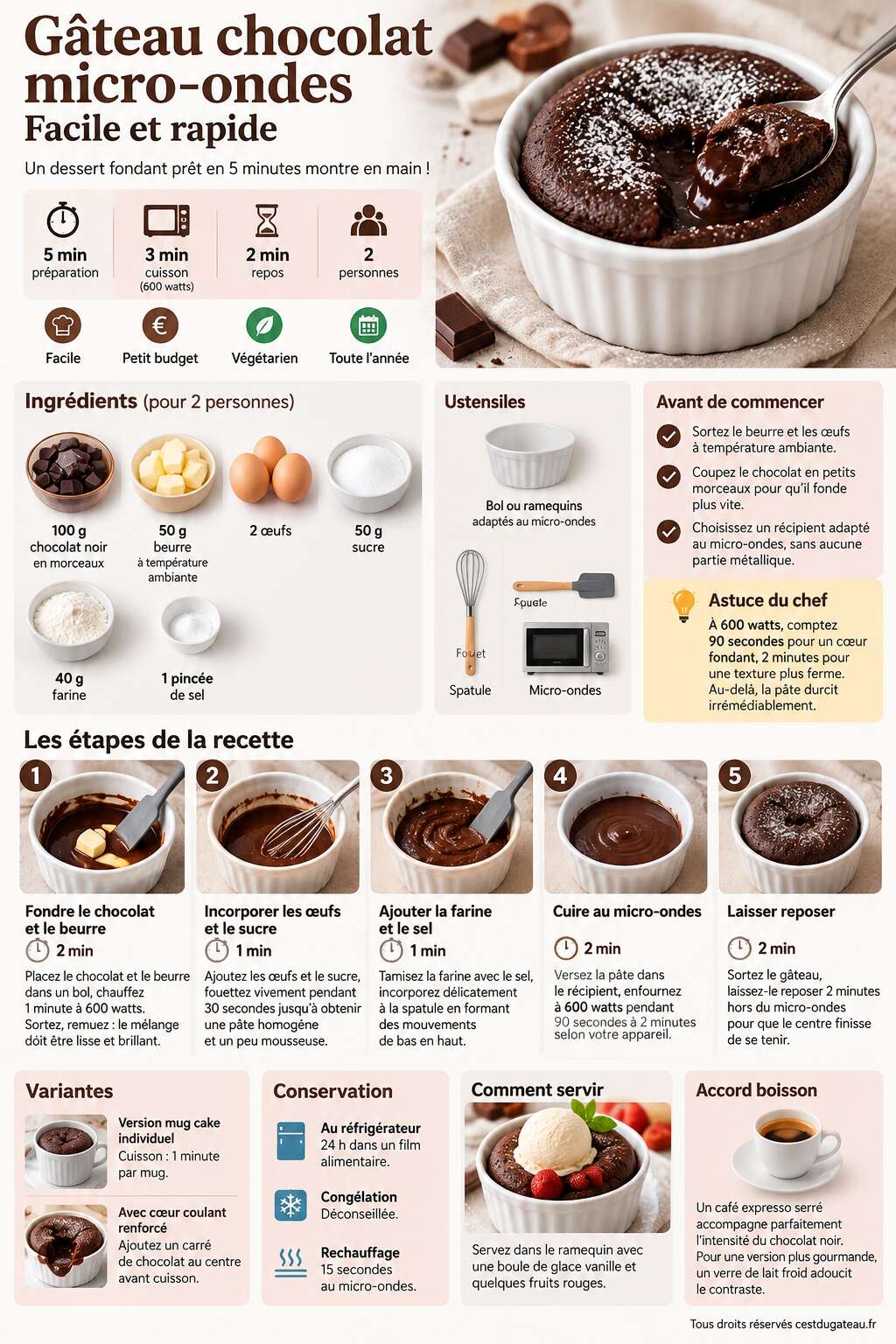 Fiche recette Recette gâteau chocolat micro-ondes : facile et rapide Fiche recette Recette gâteau chocolat micro-ondes : facile et rapide