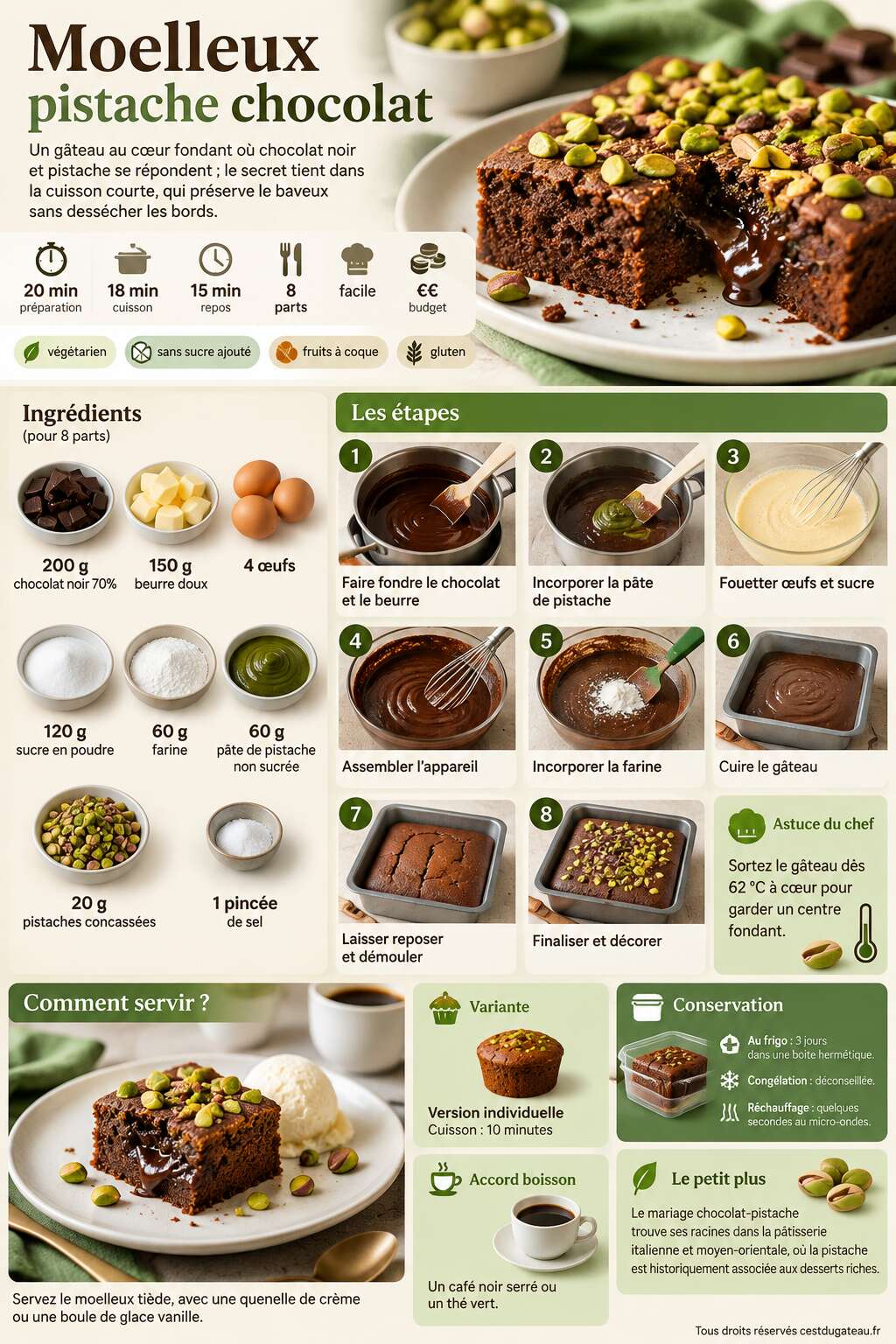 Fiche recette Recette du moelleux pistache chocolat Fiche recette Recette du moelleux pistache chocolat