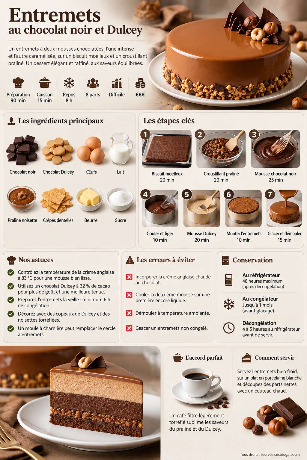 Fiche recette Recette d'entremets au chocolat noir et Dulcey