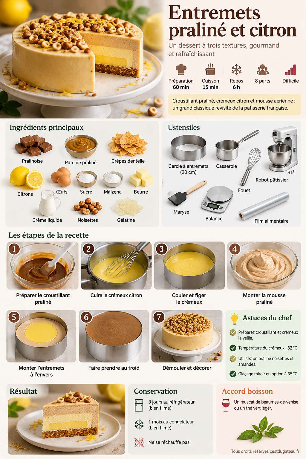 Fiche recette Recette d'entremets pralin&eacute; et citron