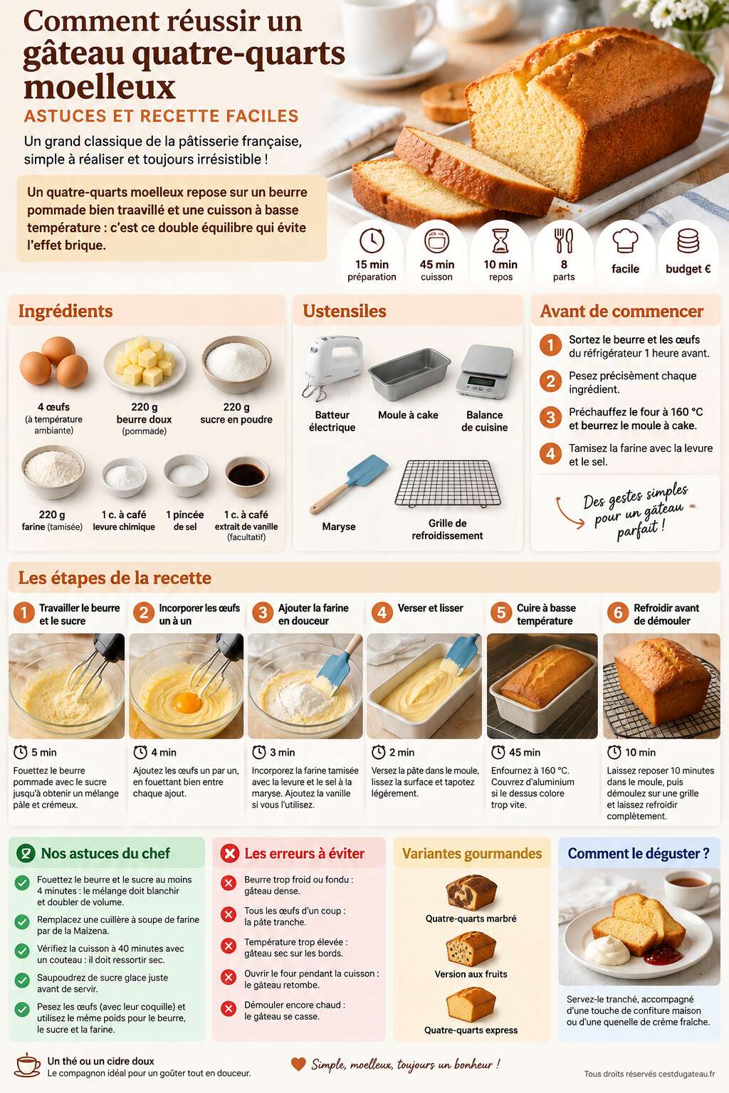 Fiche recette Comment réussir un gâteau quatre-quarts moelleux : astuces et recette faciles Fiche recette Comment réussir un gâteau quatre-quarts moelleux : astuces et recette faciles