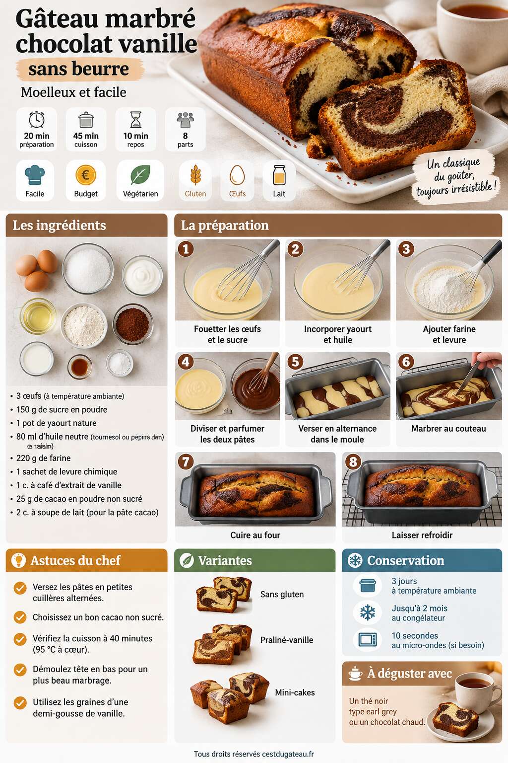 Fiche recette G&acirc;teau marbr&eacute; chocolat vanille sans beurre : moelleux et facile